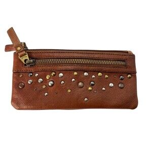 Fossil Brown Leather Wallet Clutch Bi-Fold Studs 15 Card Slots 7 Compartments